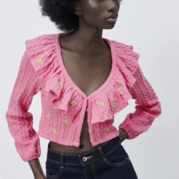 Zara Sweaters - Zara Pink Ruffle Embroidered Cardigan Size Large Cottagecore